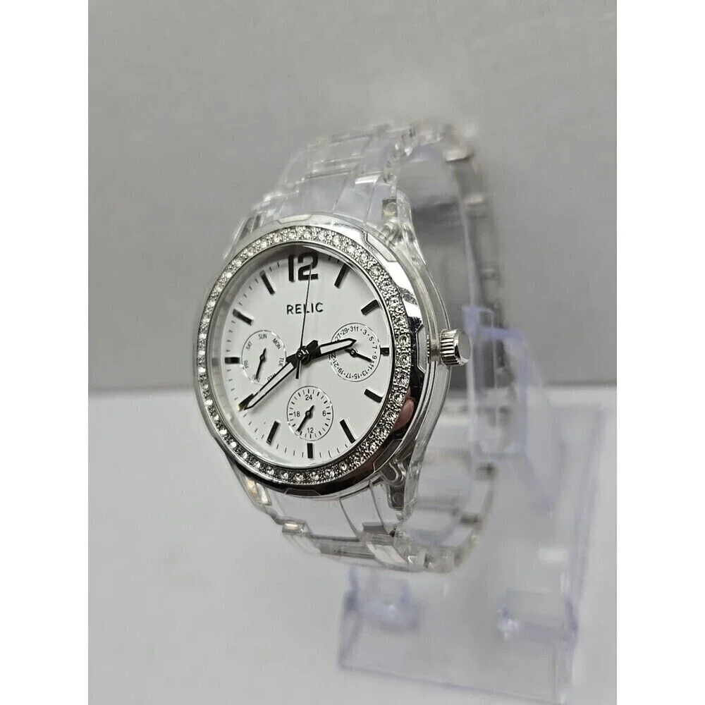 Relic Watch Women 38mm Pave Silver Tone White MOP Dial ZR11904 New Battery